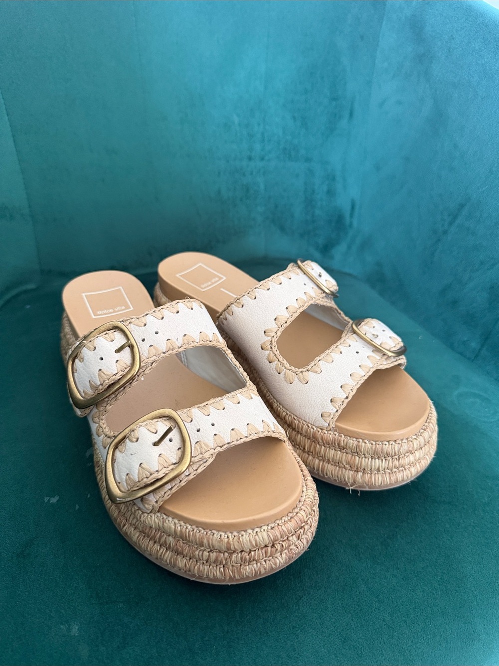 Dolce Vita Cream wanika Platform Espadrille Slide Sandals with Gold Buckles
